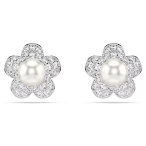Ariana Grande x Swarovski stud earrings Crystal Pearl, Round cut, Flower, White, Rhodium plated