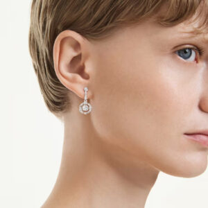 Constella drop earrings, Round cut, Dancing stone, White, Rhodium plated