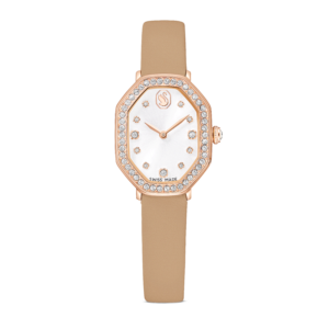 Dextera octagon watch, Swiss Made, Leather strap, Brown, Rose gold-tone finish