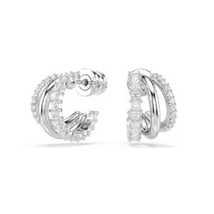 Hyperbola hoop earrings, Round cut, Mini, White, Rhodium plated