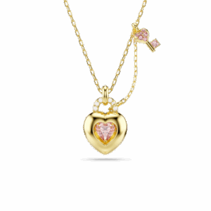 Idyllia pendant, Mixed cuts, Heart, Key, Pink, Gold-tone plated