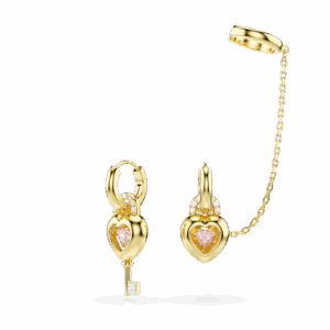 Idyllia drop earrings with ear cuff, Mixed cuts, Heart with key, Pink, Gold-tone plated