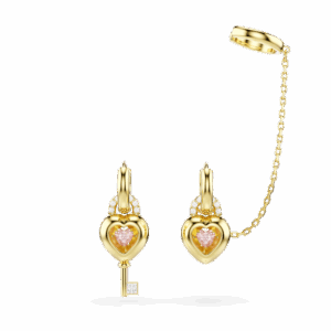 Idyllia drop earrings with ear cuff, Mixed cuts, Heart with key, Pink, Gold-tone plated