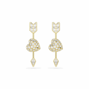 Idyllia drop earrings, Mixed cuts, Heart with arrow, White, Gold-tone plated