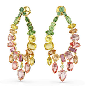 Gema drop earrings, Mixed cuts, Chandelier, Multicolored, Gold-tone plated