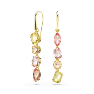 Gema drop earrings, Asymmetrical design, Mixed cuts, Pink, Gold-tone plated