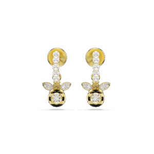 Idyllia drop earrings, Crystal pearl, Mixed cuts, Bee, Multicolored, Gold-tone plated