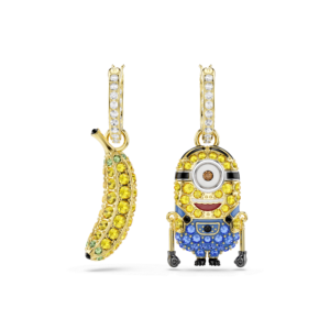Minions Stuart and Banana hoop earrings, Pavé, Mini, Multicolored, Gold-tone plated