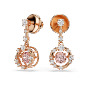 Constella drop earrings, Round cut, Dancing stone, Pink, Rose gold-tone plated