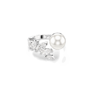 Mesmera open ring, Crystal pearl, Marquise cut, White, Rhodium plated