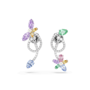 Ariana Grande x Swarovski drop earrings with ear jacket, Mixed cuts, Dragonfly, Flower, Multicolored, Rhodium plated
