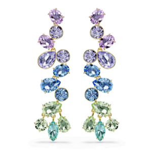 Gema drop earrings, Mixed cuts, Chandelier, Long, Multicolored, Gold-tone plated