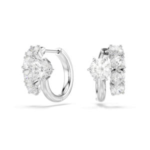 Matrix hoop earrings, Round cut, White, Rhodium plated