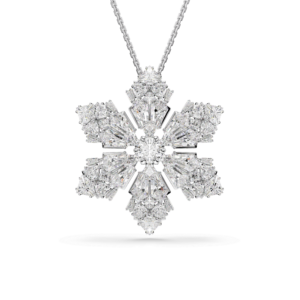 Idyllia pendant and brooch, Mixed cuts, Snowflake, White, Rhodium plated
