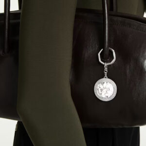 Bag charm, Round cut, White, Rhodium plated