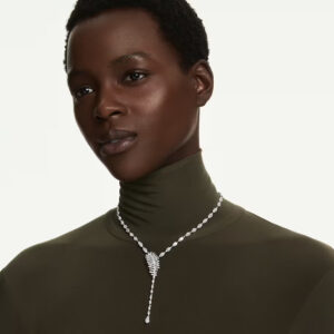 Vienna Y necklace, Mixed cuts, Feather, White, Rhodium plated