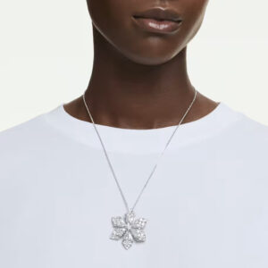 Idyllia pendant and brooch, Mixed cuts, Snowflake, White, Rhodium plated
