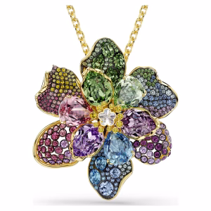 Idyllia pendant and brooch Mixed cuts, Pavé, Flower, Multicolored, 18K gold finish