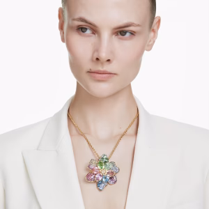 Idyllia pendant and brooch Mixed cuts, Pavé, Flower, Multicolored, 18K gold finish